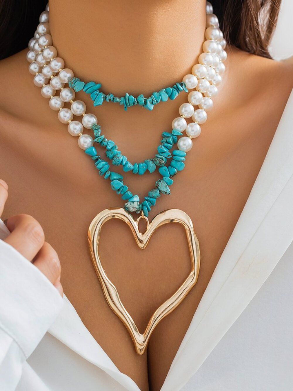 Large Heart Turquoise color Multi Layer Faux Pearl Statement Necklace - Picture 1 of 4